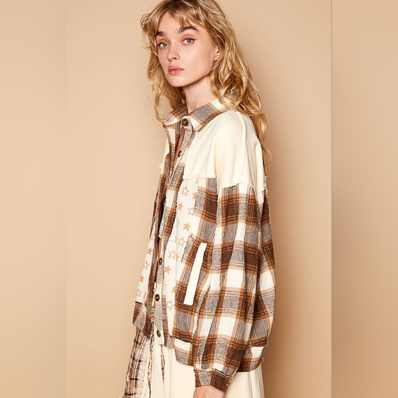 POL Shacket Star Plaid Bohemian Patchwork Exposed Raw Fray Seam Oversized Jacket - Picture 7 of 12